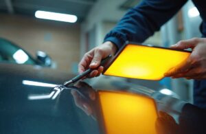 Technician uses precision tools to smooth a shallow dent on a vehicle door while inspecting the reflection.