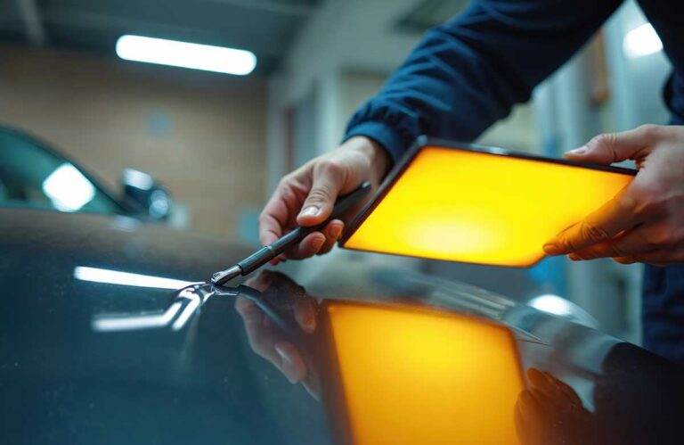 Technician uses precision tools to smooth a shallow dent on a vehicle door while inspecting the reflection.
