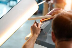 Technician uses a slender metal rod behind a car panel while a reflection light reveals a shallow dent.